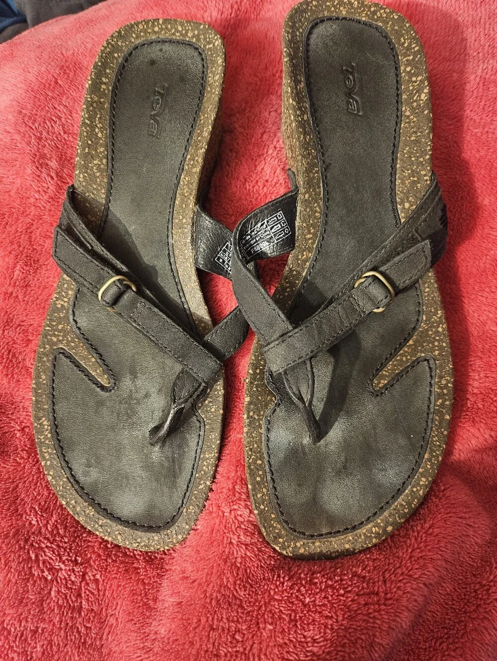 Teva Black Cork-Trim Thong Sandals Ventura Womens Size 6 Wedge Thong